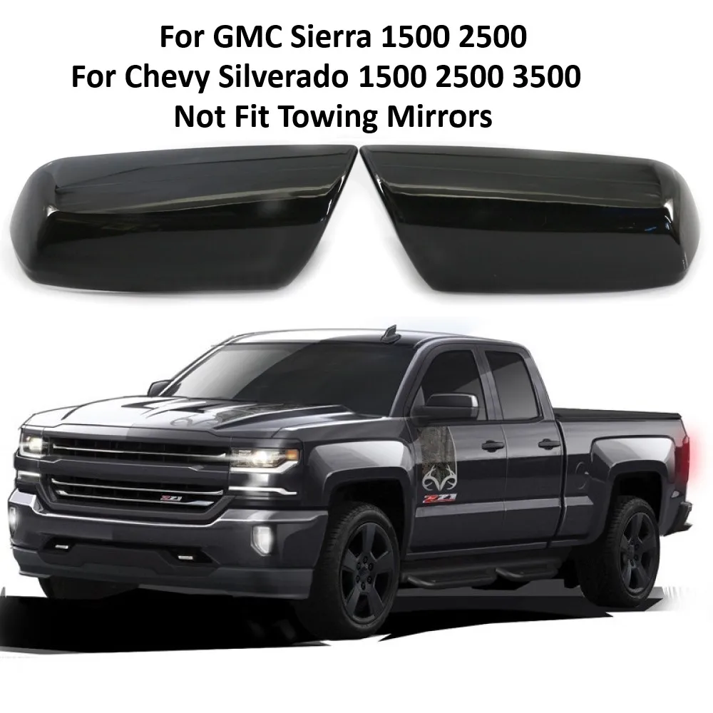 2PCS Gloss Black Car Wing Mirror Cover Caps For GMC Sierra For Chevy Silverado 1500 2500 3500 22919758 22919757 Add On Cap Cover