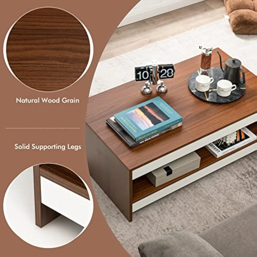 2-Tier Coffee Table, 37 Rectangular Coffee Table with Open Storage Shelf & Natural Wood Grain Tabletop, Modern Coffee Tea Table