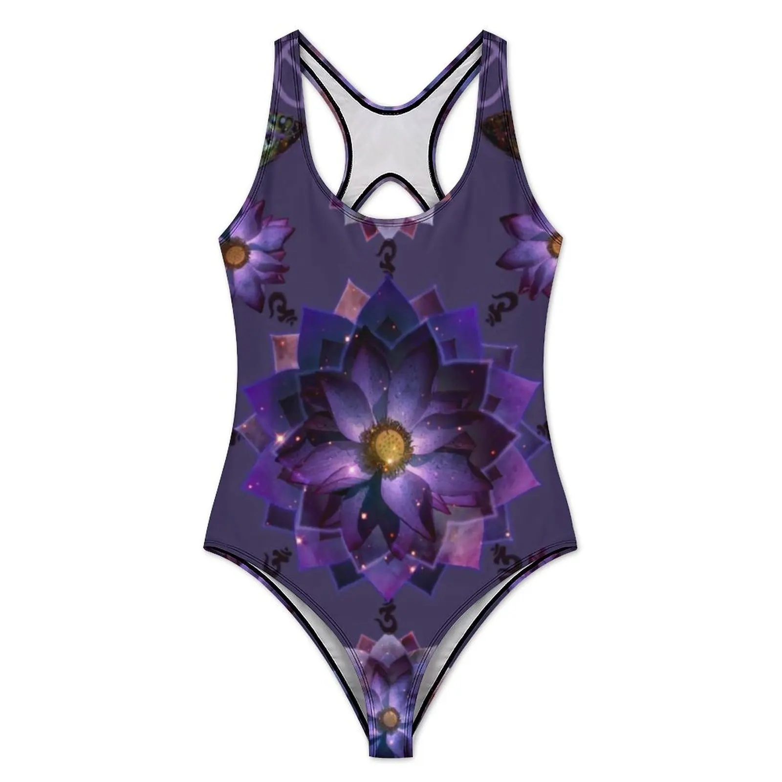 Mystical Lotus Flower Mandala Swimsuit Spiritual Purple Floral One-Piece Swimwear Push Up Stylish Monokini Sexy Design Bodysuit