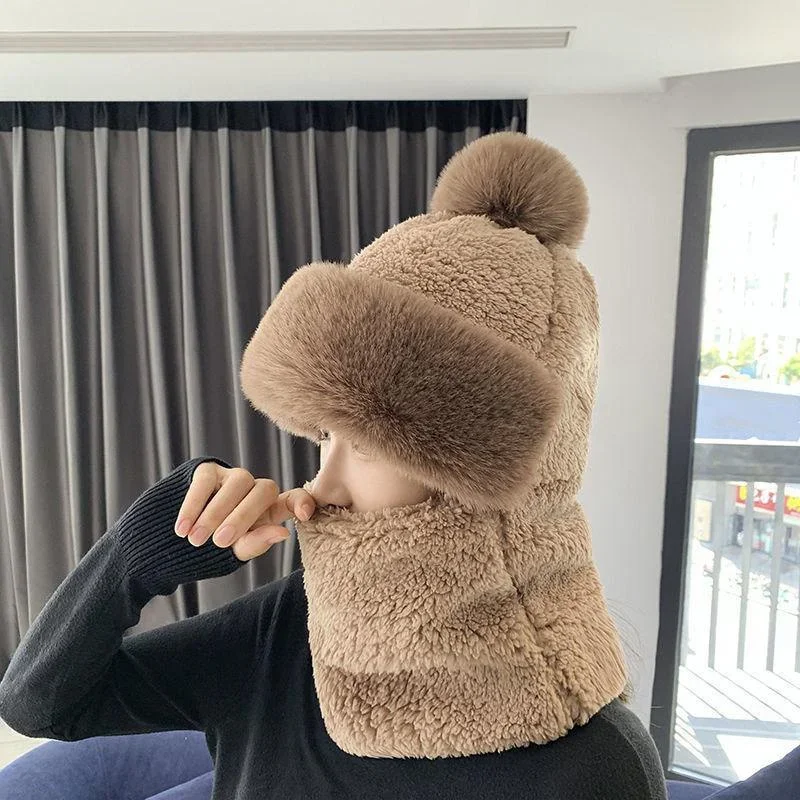 

Christmas Gifts Women Warm Autumn and Winter Korean Version Plus Velvet Warm Scarf Wool Hat Cold- Proof Ear Protection Hats