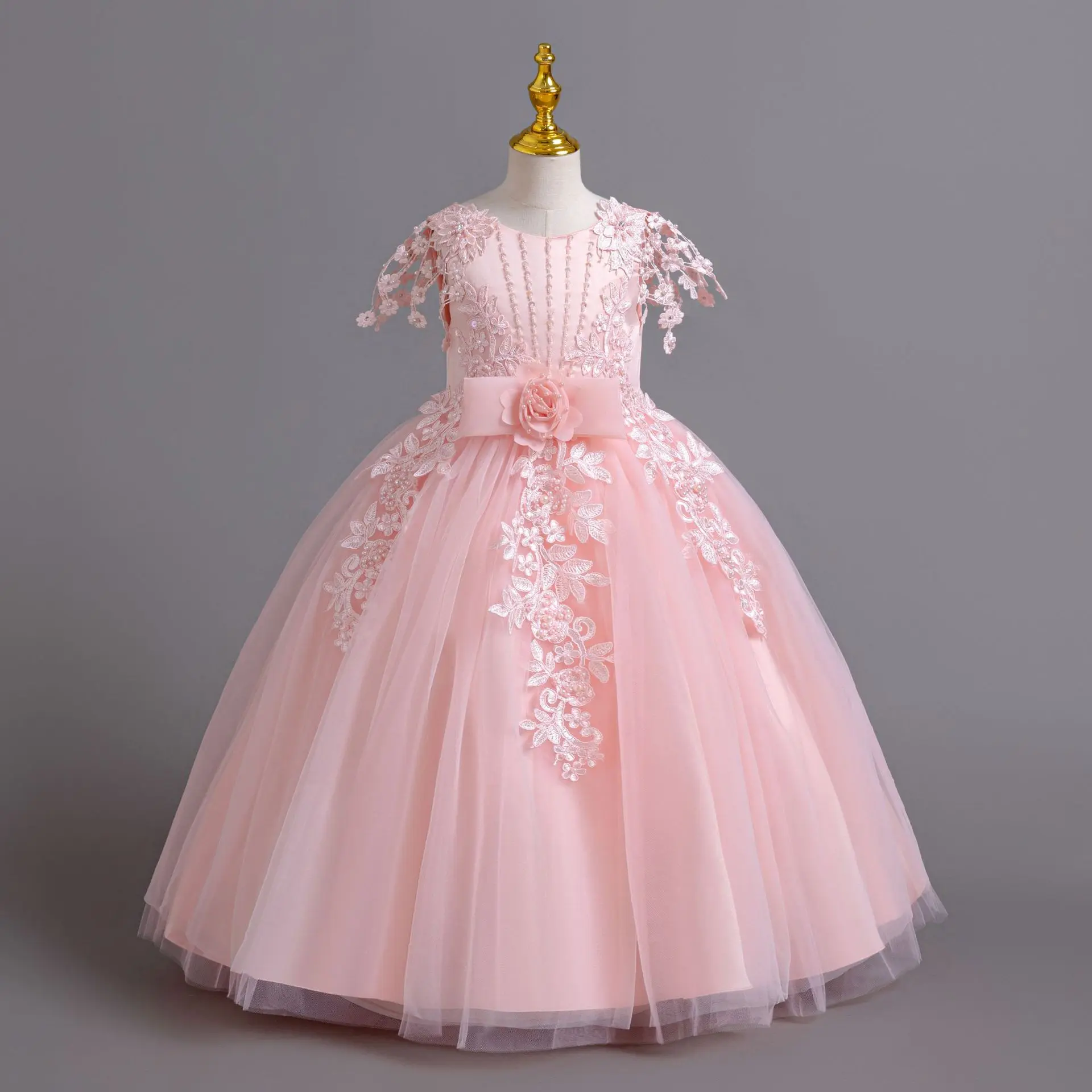 Flower Girls Dresses Exquisite Appliquet Lace Up Solid Color Tulle Ball Gowns 4-12Years Old Girls Birthday Party Dress