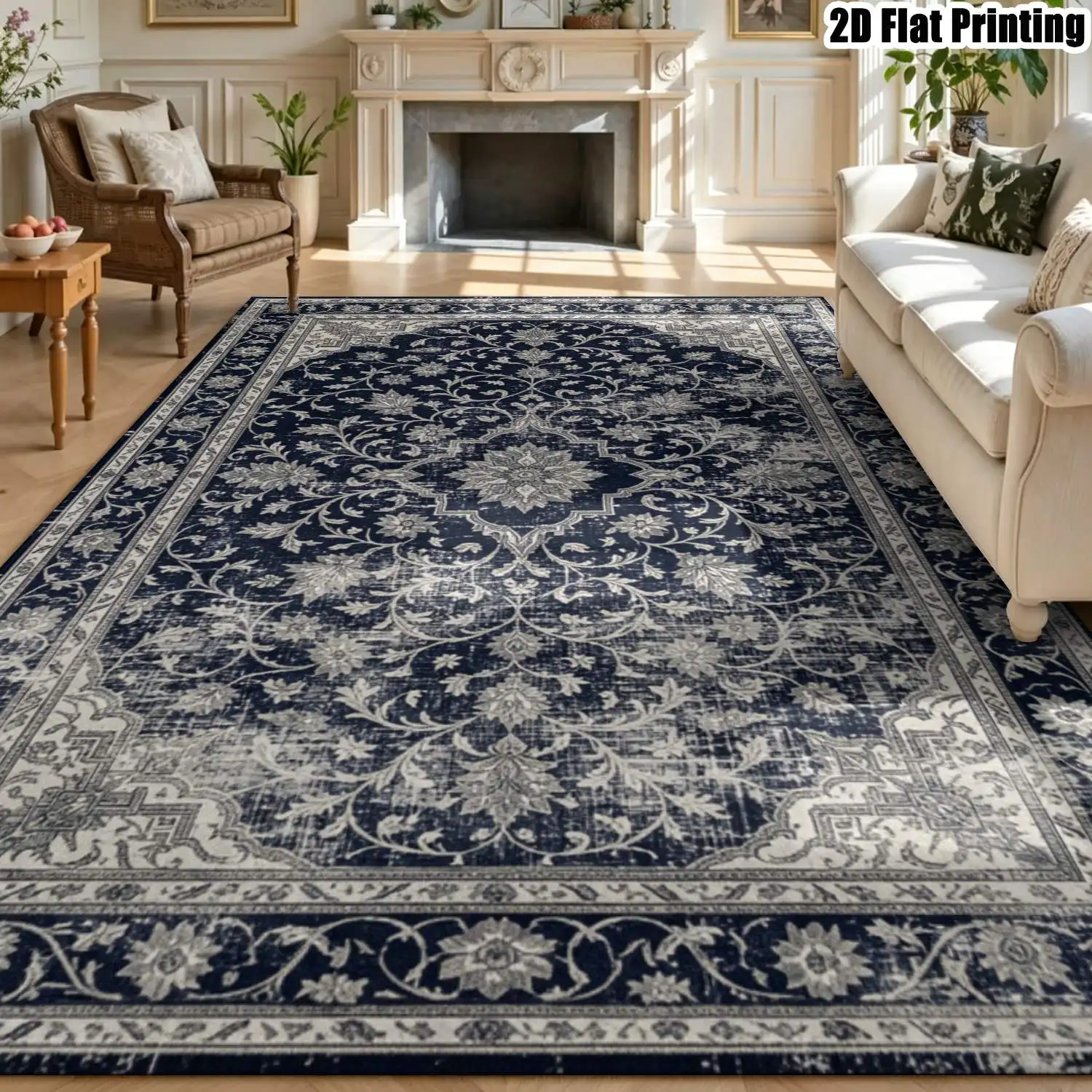1Pc 2D Printed Retro Blue Brown Geometric Floral Carpet: European Style Home Decor Rug, Multi-Size, Machine Washable, Multi-Scene Use