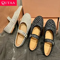 QUTAA 2024 Casual Women Flats Heel Spring Summer Office Crystal Ladies Genuine Leather Mary Janes Shoes Woman Size 34-39