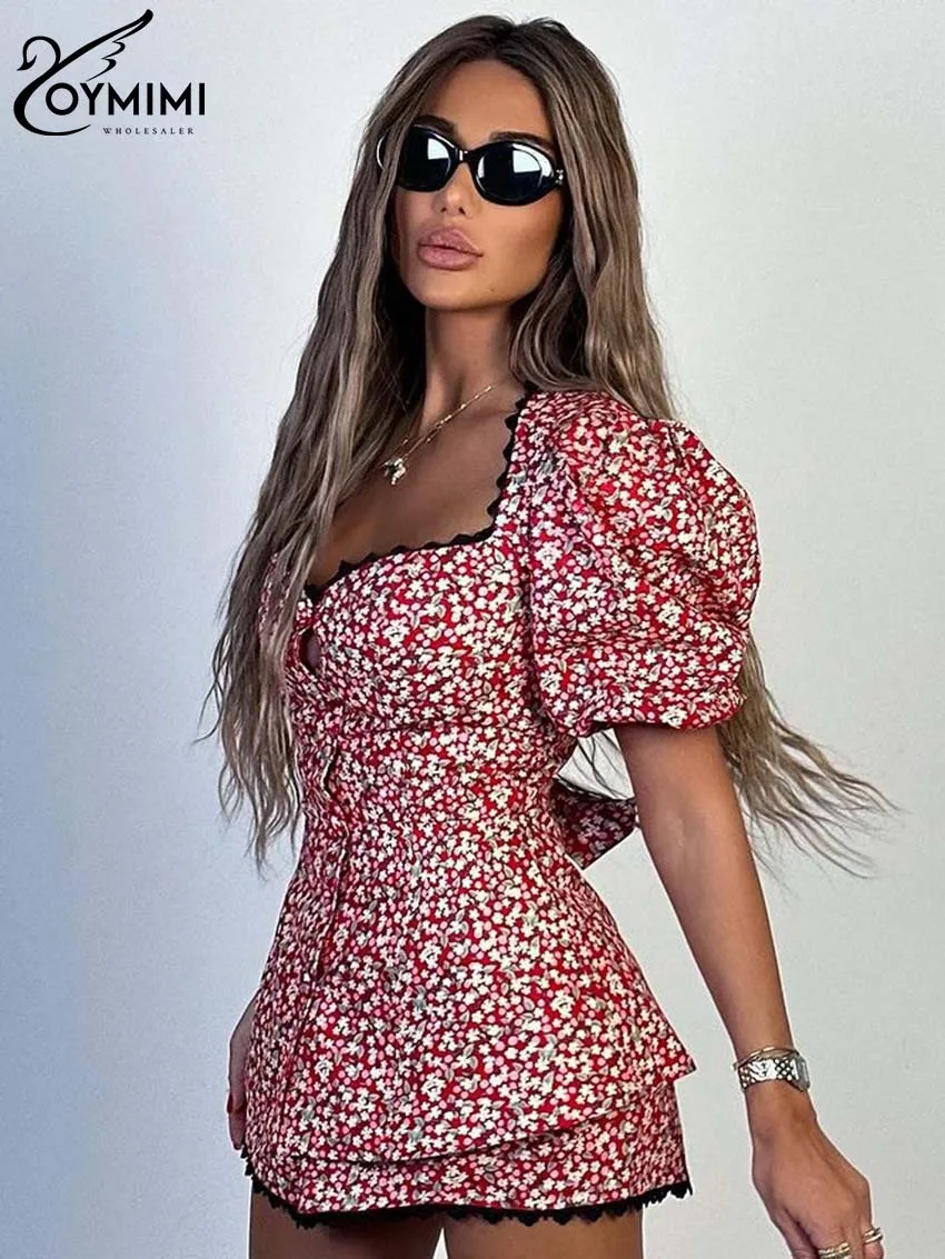 Oymimi Summer Red Print Two Piece Sets For Women Elegant V-Neck Short Sleeve Lace Blouses And High Waisted Shorts Female Sets