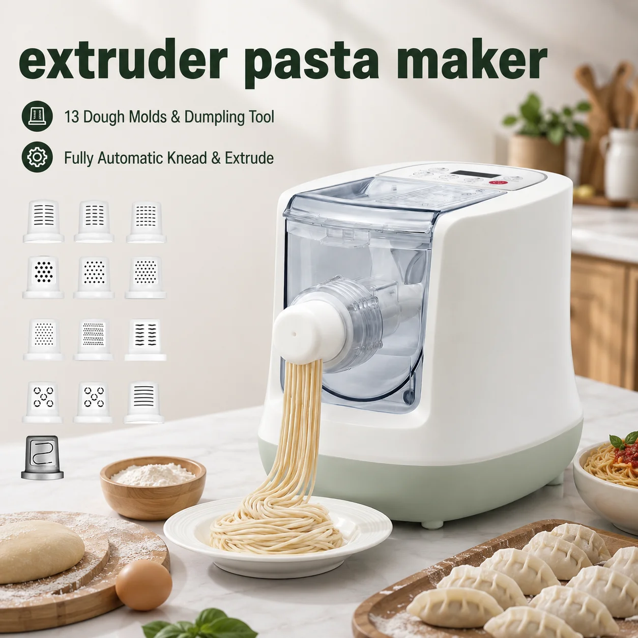 Vollautomatische elektrische Nudelmaschine für den Haushalt, multifunktionale Nudelmaschine, 13 Teigformen & Teigtaschen-Werkzeug, elektrischer Nudel-Extruder für Spaghetti, Fettuccine, frische Pasta