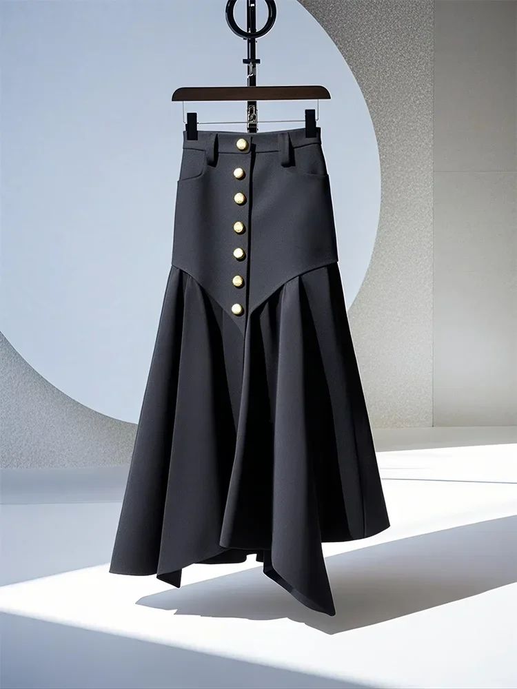 

Design Vintage Button Long Skirts Women Korean Loose High Waist Irregular Skirt France Casual Streetwear Patchwork Skirts New