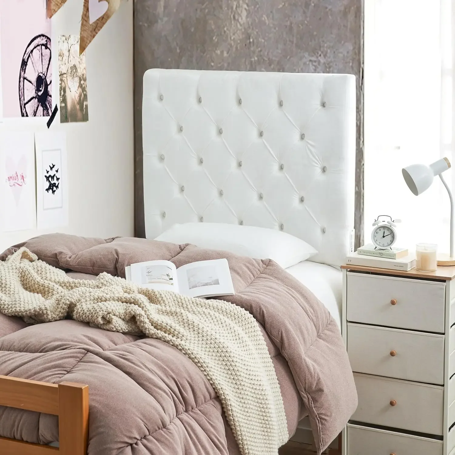 Tufted Velvet Plush College Dorm Right Side Outlet Headboard with Legs | White. Essential Dorm Supplies for College Freshmen Nec view 2