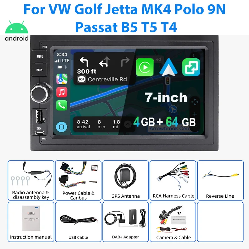 ESSGOO Autoradio Android15 7" 4+64G/2+64G für VW Golf Jetta MK4 Polo 9N Passat B5 T5 T4 SEAT SKODA Wireless CarPlay GPS Navigation Android Auto RDS FM Bluetooth Mirror Link Touchscreen