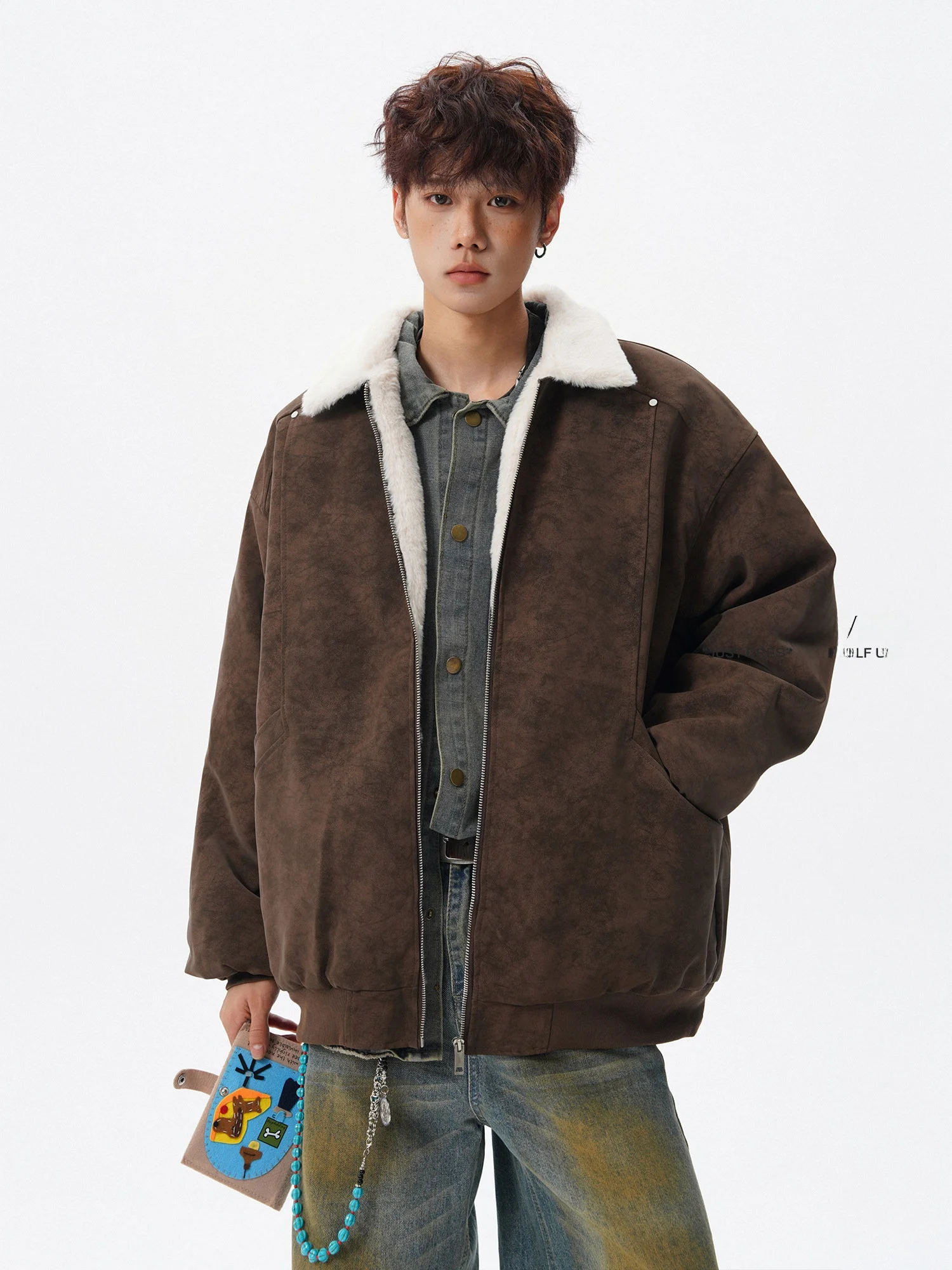 

American Style Lamb Fur Collar PU Leather Cotton Jacket Men Winter Trend Loose Casual Thickened Warmth Cotton Clothes