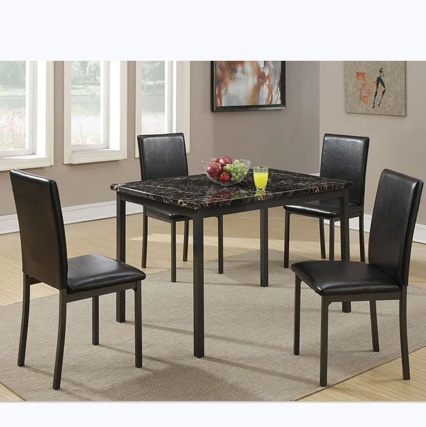 

5pc Dining Table Set Dining Room Furniture Table And 4x Chairs Faux Marble Top table Black Faux Leather Chairs Home Kitchen