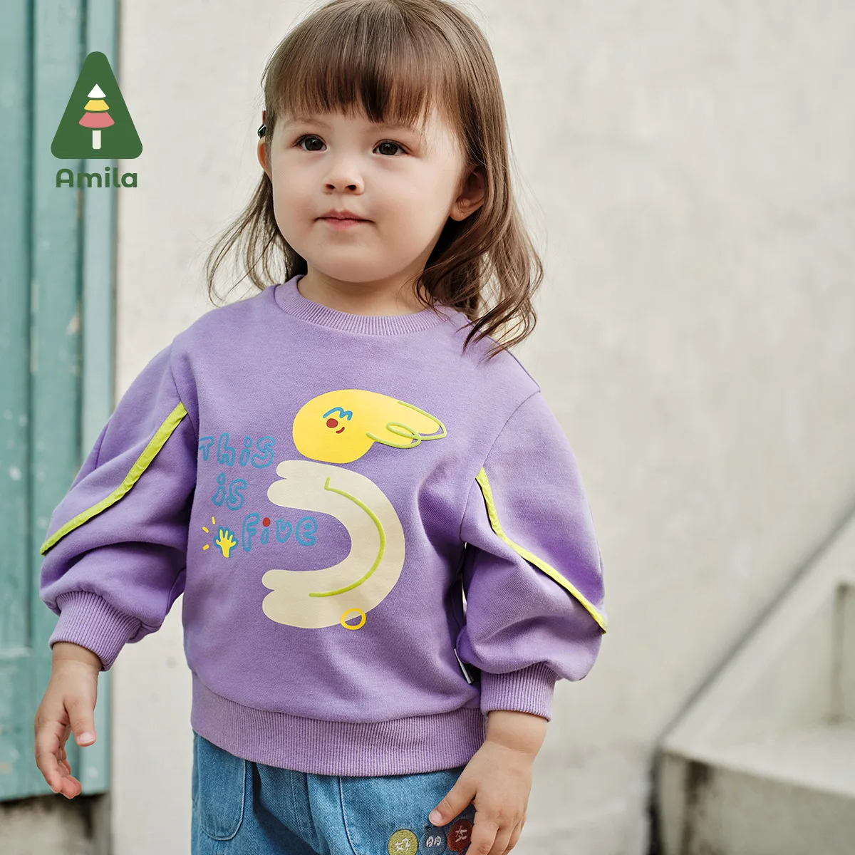 Amila Baby Sweatshirts 2024 Spring New Contrast Puff Sleeves Cute Cartoon Pattern O-neck Pullover Girls\' Tops