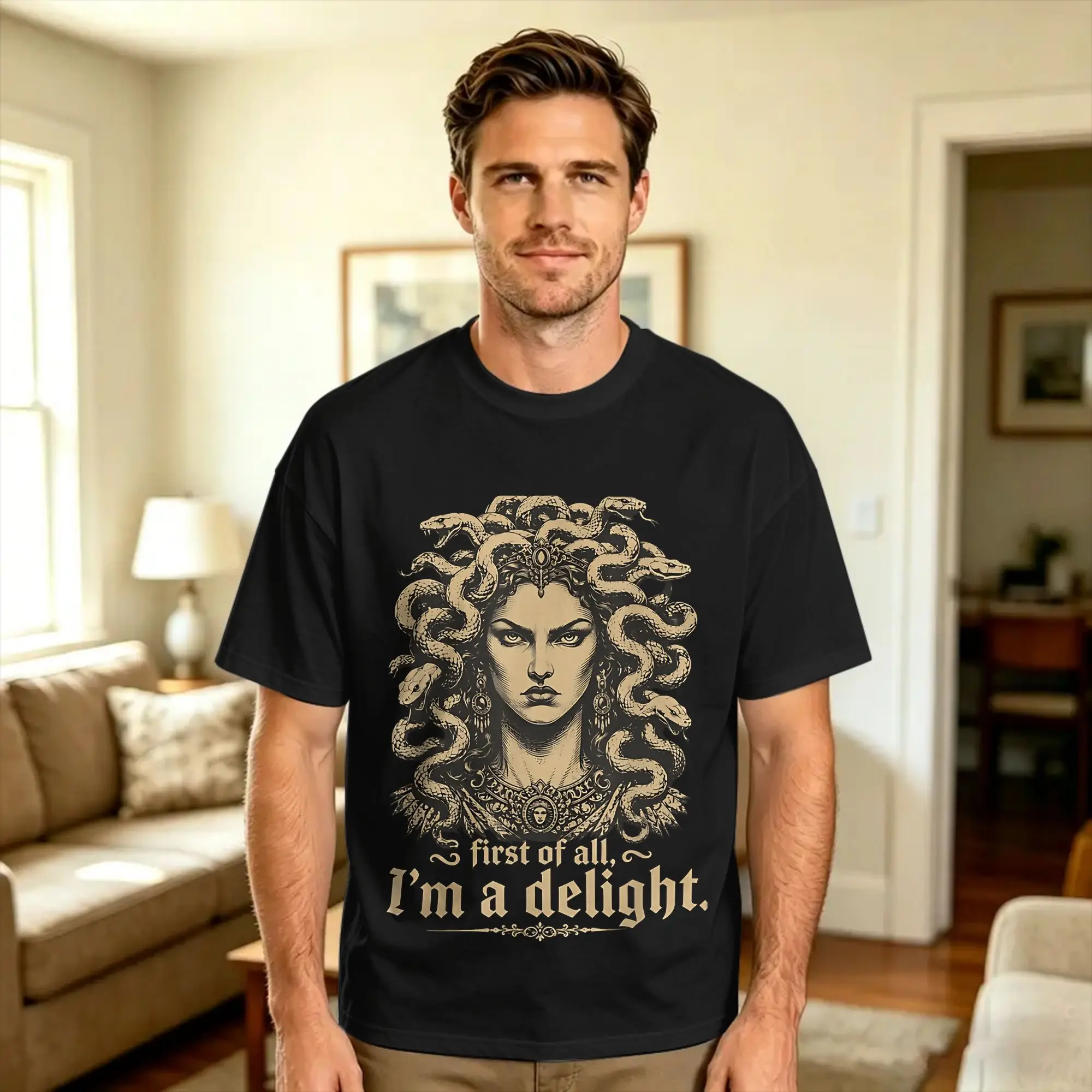 Retro First of All I'm A Delight Medusa Gorgon Sarcastic T-Shirt Summer  100 Cotton T-Shirts For Men Casual Tshirt Vintage Tees