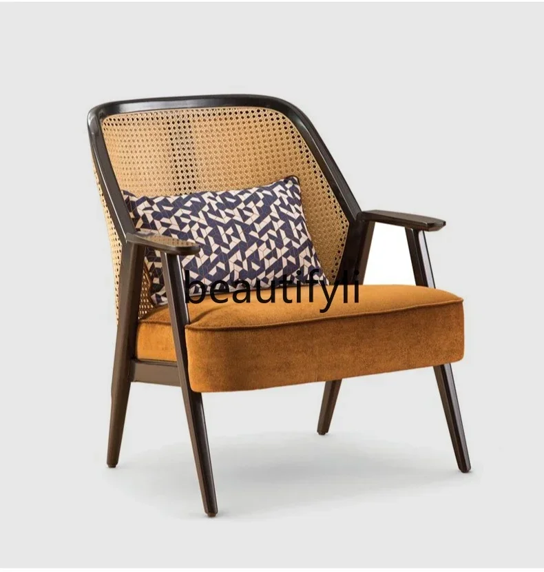 

ss D Nordic solid wood rattan sofa chair simple modern B & B hotel model room leisure chair