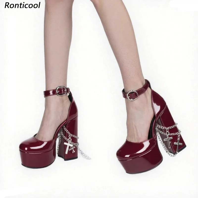 

Ronticool/женские бордовые туфли на высоком каблуке на платформе с ремешком на щиколотке — великолепные модельные туфли на массивном каблуке, большой размер США 35-52