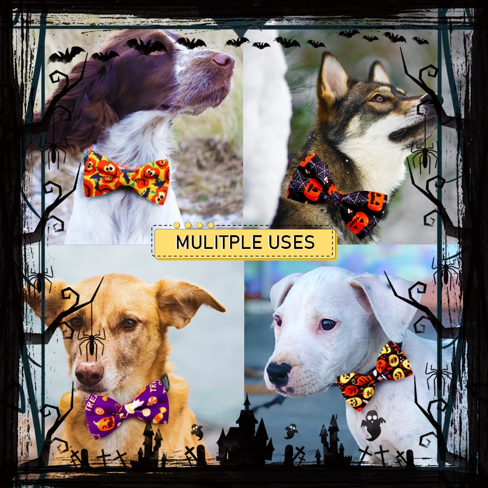 20PCS Pet Collar For Dogs Halloween Party Pumpkin Ghost Print Dog Bowties Adjustable Dog Bow Ties Pet Grooming Accessories