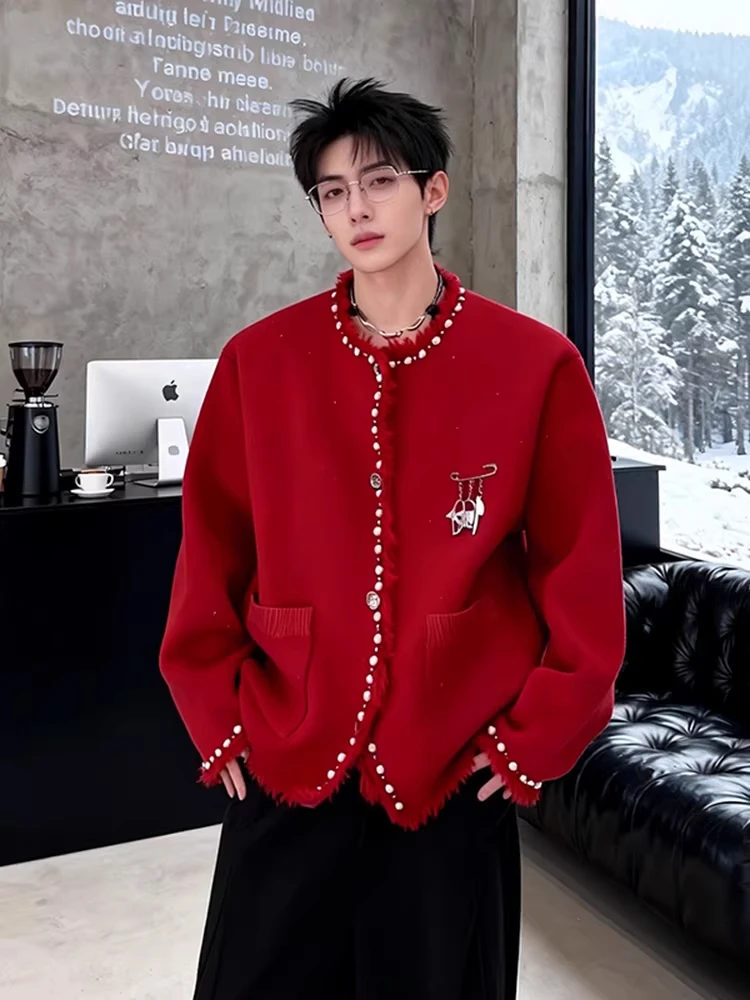 

Red Pearl Knitted Sweater Men's Sle Luxury Sensation No Collar Cardigan Outerwear Luy Year Clothing Casual Urban Faion