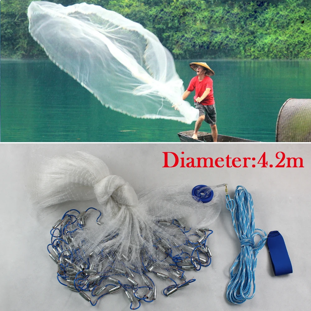 Rete da Pesca a Lancio Manuale 10/14ft con Diffusore per Esche, Rete a Maglia Densa, Piombi Cavi, Durevole, Apertura Completa 4.2M