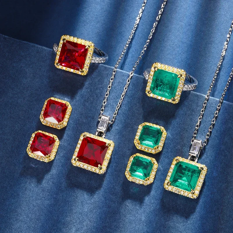 NewJewelry Copper Bottom Gold Plated Simulation Red Corundum Emerald Princess Square Set Main Stone 10 * 10-8 * 8