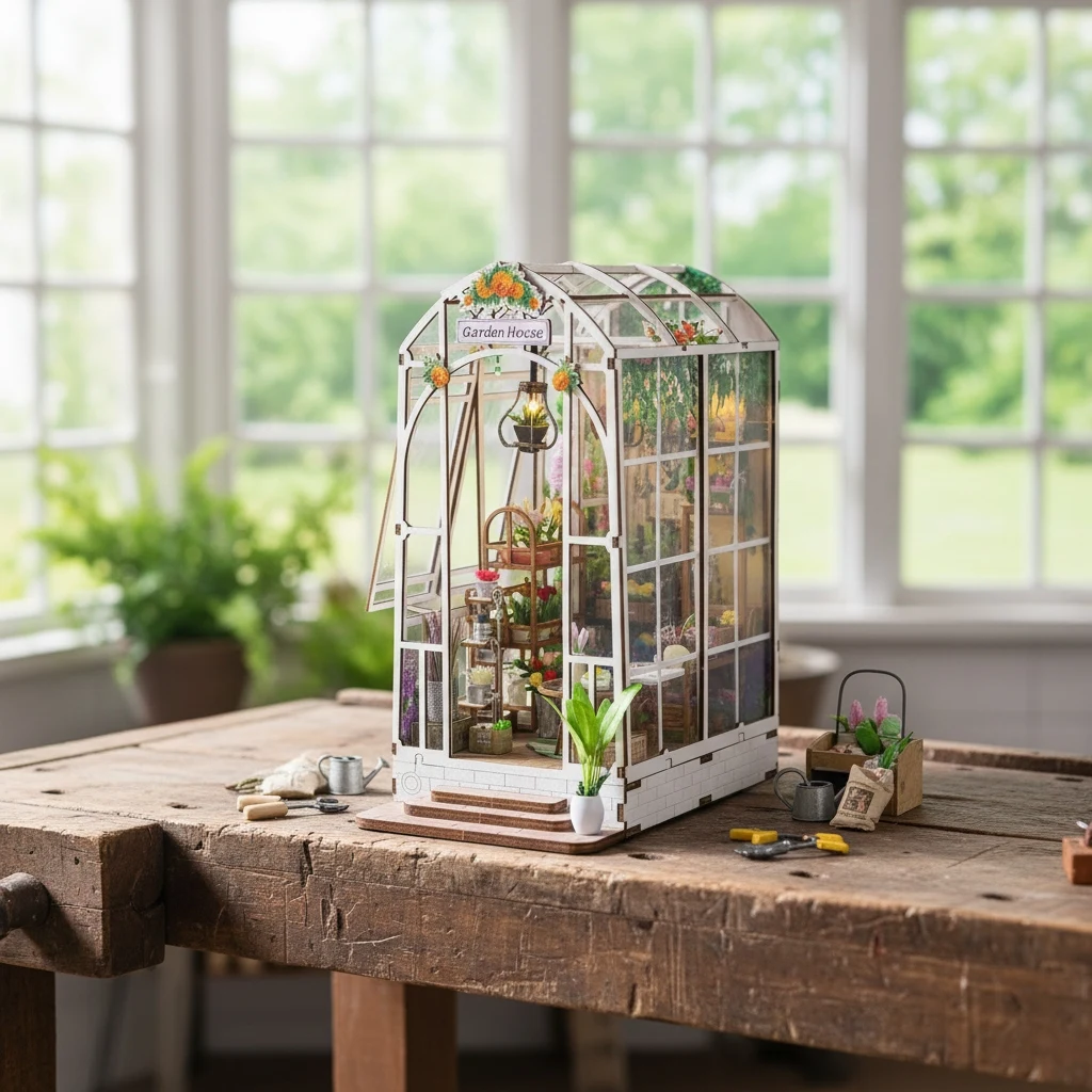 مجموعة أدوات كتاب خشبية ثلاثية الأبعاد من OUZEY - منزل حديقة مصغر "Blossom Retreat" مع أضواء LED، هدية ديكور غرفة الزهور #3