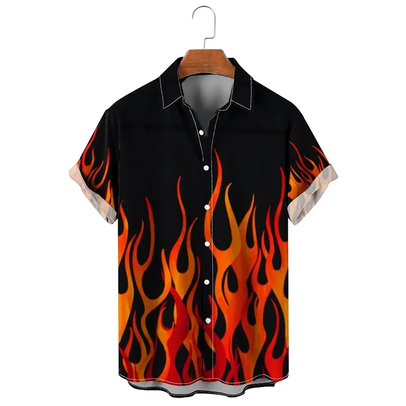 Men's shirt with gradient flame pattern, printed short sleeved clothing suitable for daily outings, V-neck fashion designer, cas