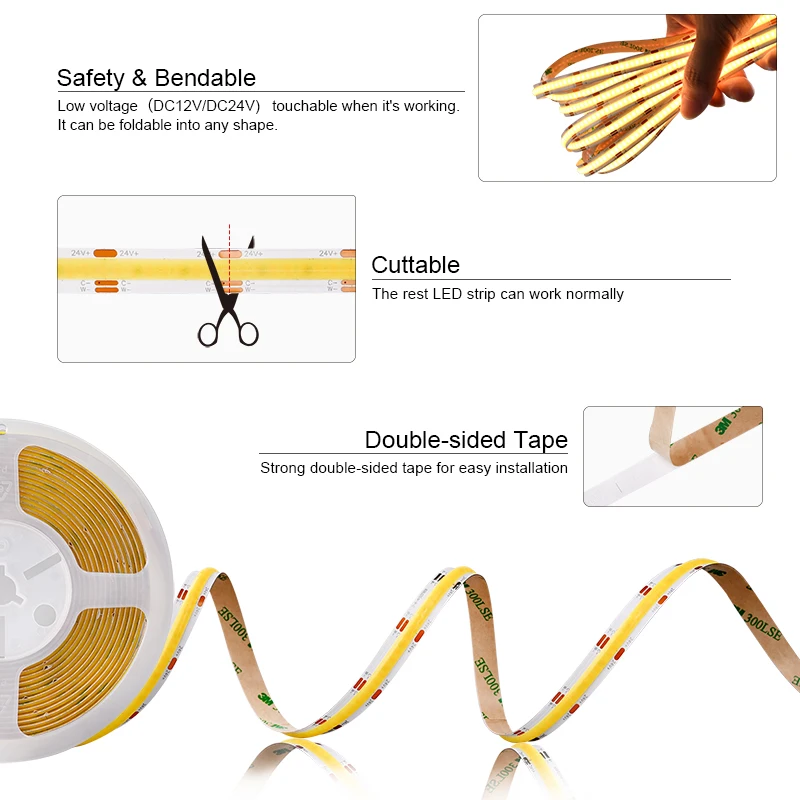 CCT COB LED Strip 5mm/8mm/10mm High Density 608 LEDs/m Flexible Dimmable FOB Led Tape 2700K to 6500K LED Lighting DC12V 24V