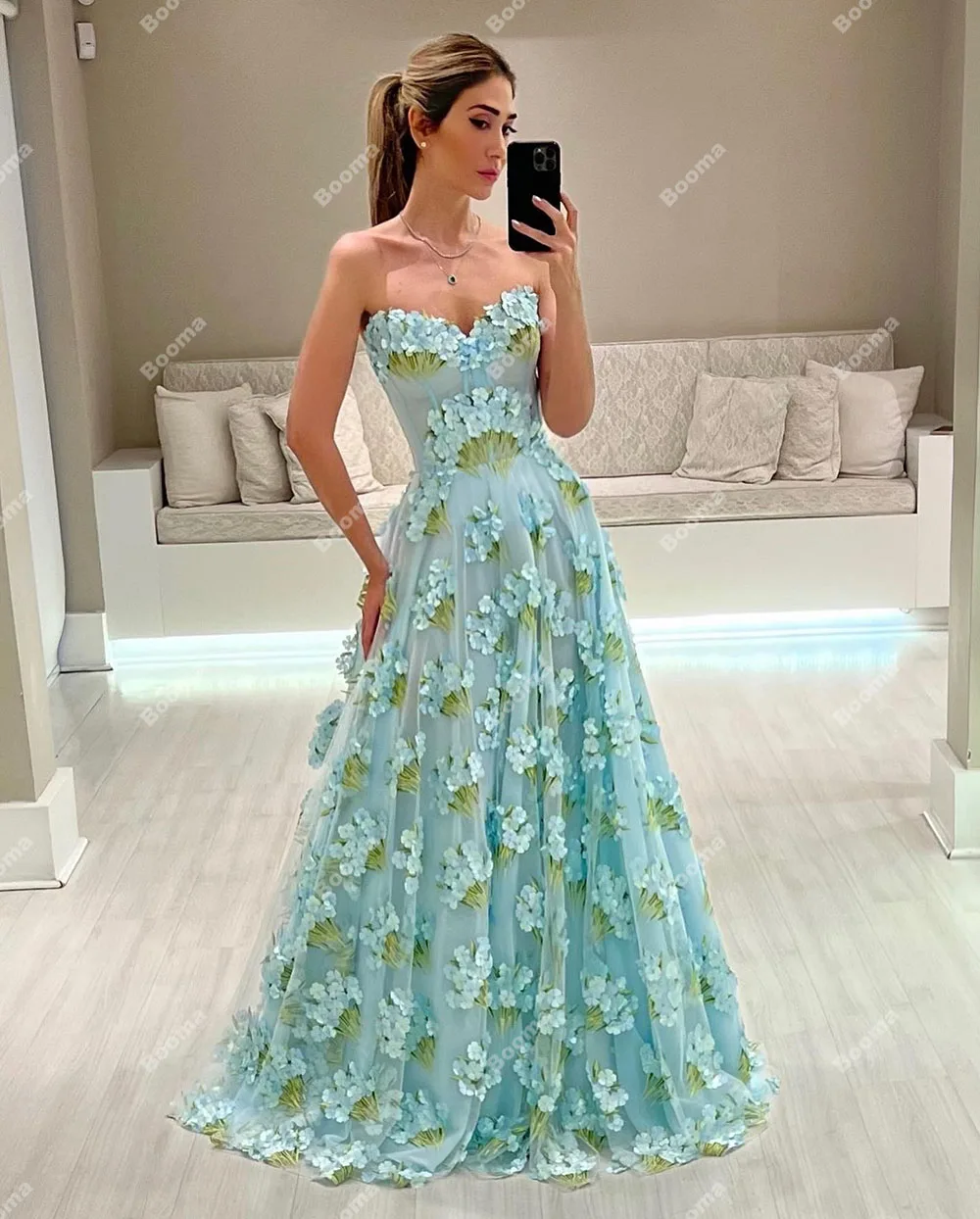 Booma A Line Fairy Prom Dresses Sweetheart 3D Flowers Party Evening Dresses Formal Occasion Gowns for Women robes de soirée