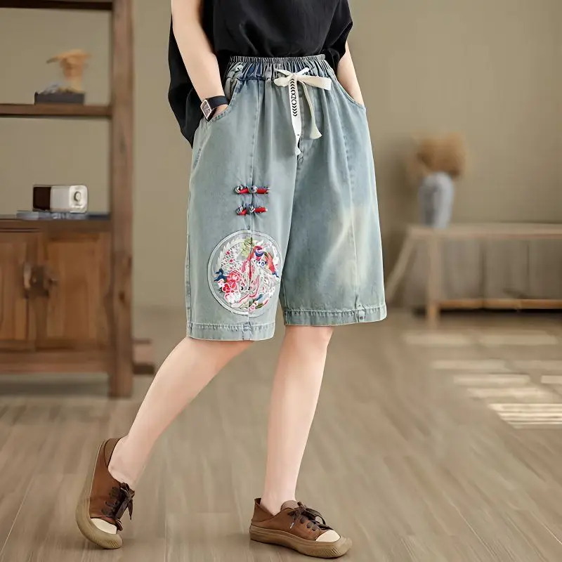 Summer National Embroidery Knee-length Denim Shorts 2026 Women Chinese Style Knot Button High Waist Shorts Female Denim Shorts