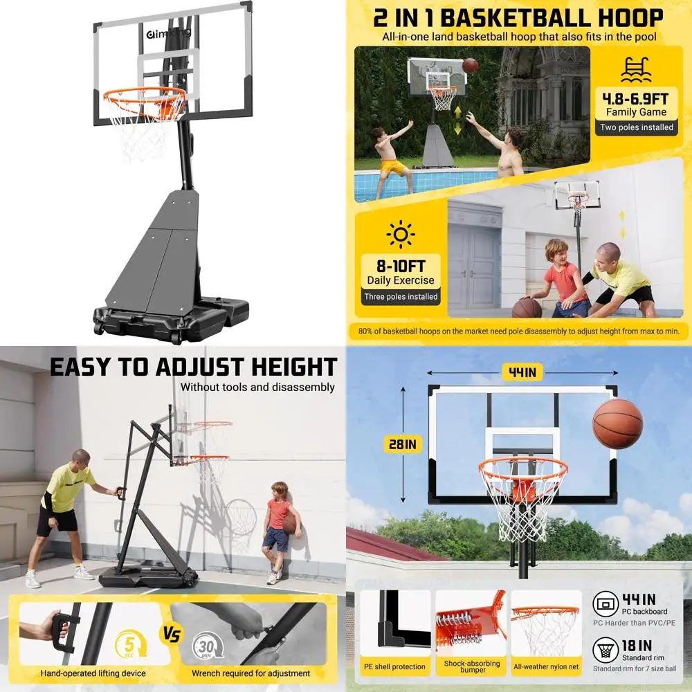 Cesta de basquete externa ajustável 3.3-10 pés, mudança rápida de altura 5s, tabela inquebrável de 40/44 unidades, base portátil, ampliada