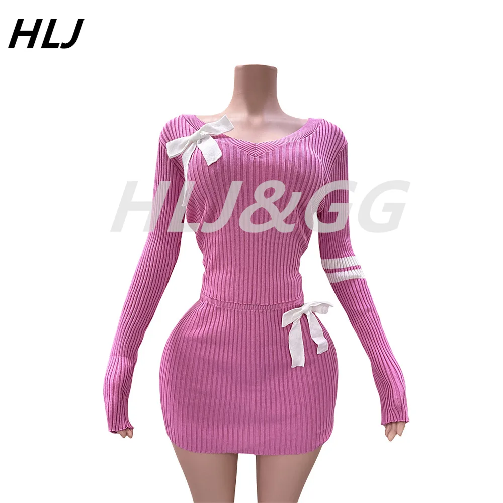 HLJ Sweet Bow Knitting Two Piece Sets Women V Neck Long Sleeve Slim Top And Mini Skirts Outfits Fashion Solid Stretchy Clothing