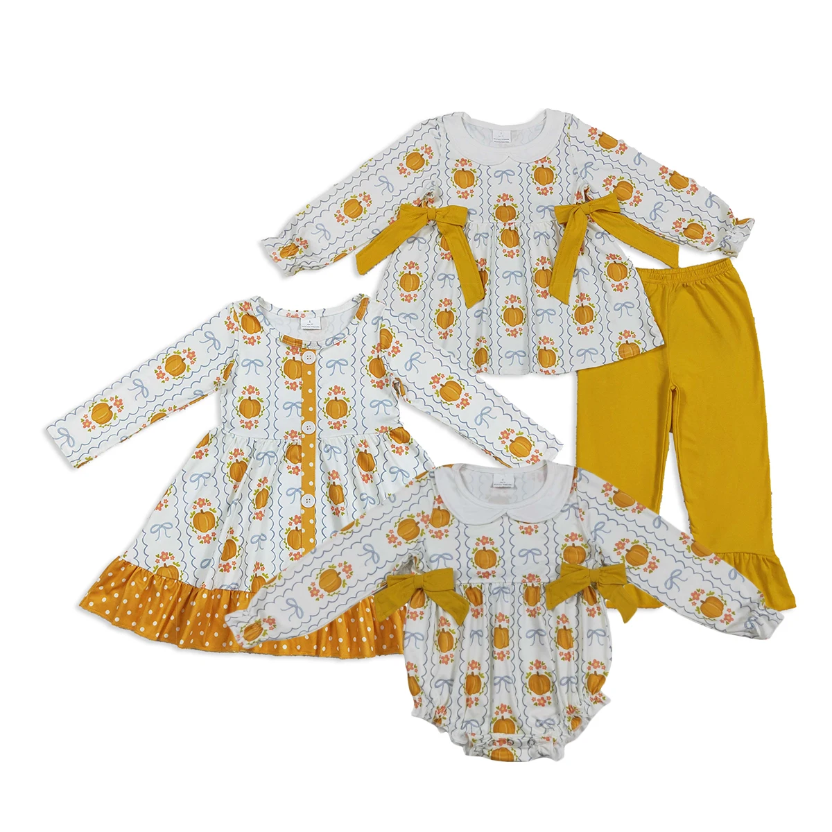 Hot Sale Baby Girls Fall Clothes Pumpkins Bows Stripes Tunic Top Pants Set Sibling Match Kids Clothing Girls Dress Baby Rompers
