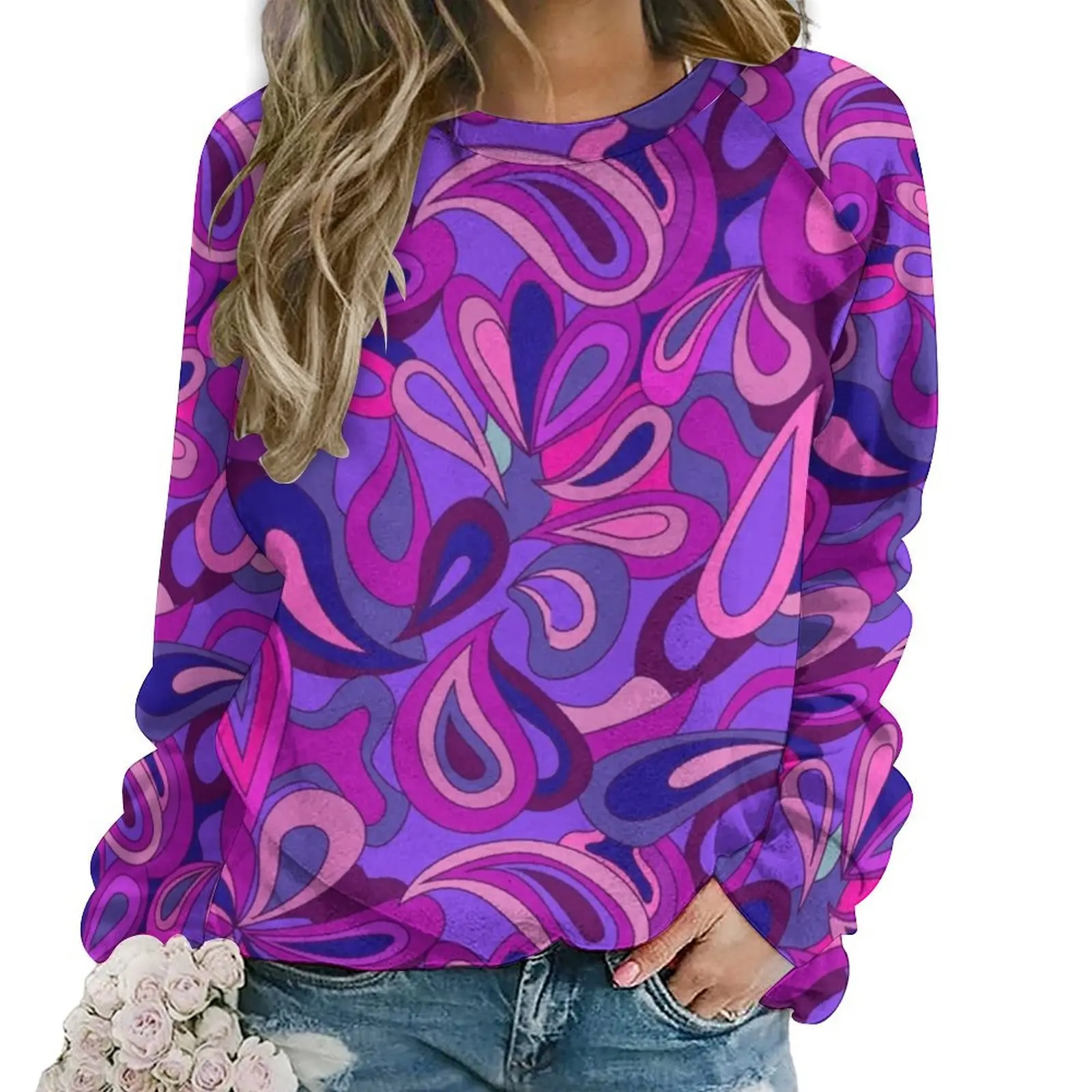 Purple Paisley Print Hoodies Women Long Sleeve Psychedelic Hippie Aesthetic Casual Hoodie  Classic Oversized Graphic Sweatshirts