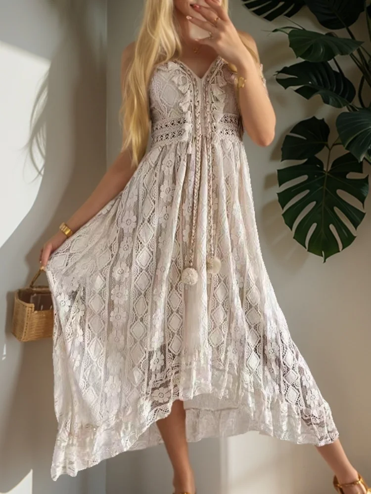 Verão renda sexy vestido feminino com decote em v férias praia vestidos elegante boho vestido de verão