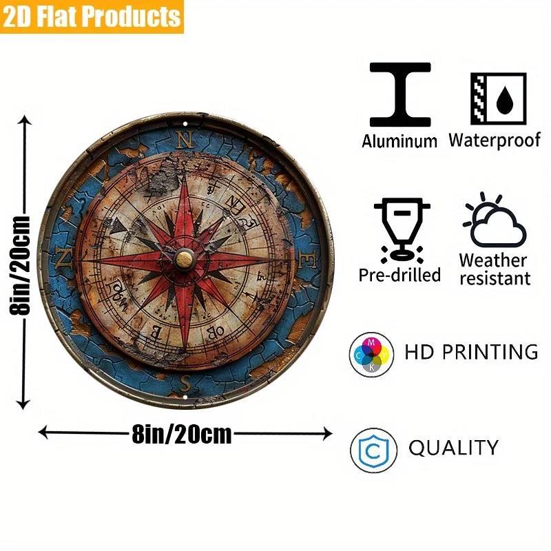 Vintage Compass Aluminum Wall Sign - 8x8 Inch Decorative Round Plaque, Pre-drilled, Weather-Resistant, HD Print - Ideal for Home