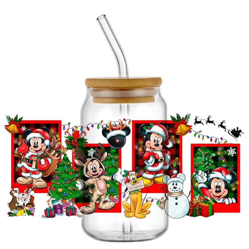 Miniso Cartoon Mickey Merry Christmas UV DTF Cup Wrap Transfer Stickers Zmywalne naklejki na szklaną puszkę Libbey 16OZ DIY Naklejki na kubki