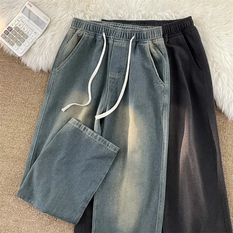 

Waist Drawstring Jeans Men's Teen Pants Spring and Autumn Oversize High School Loose Straight Casual Pants