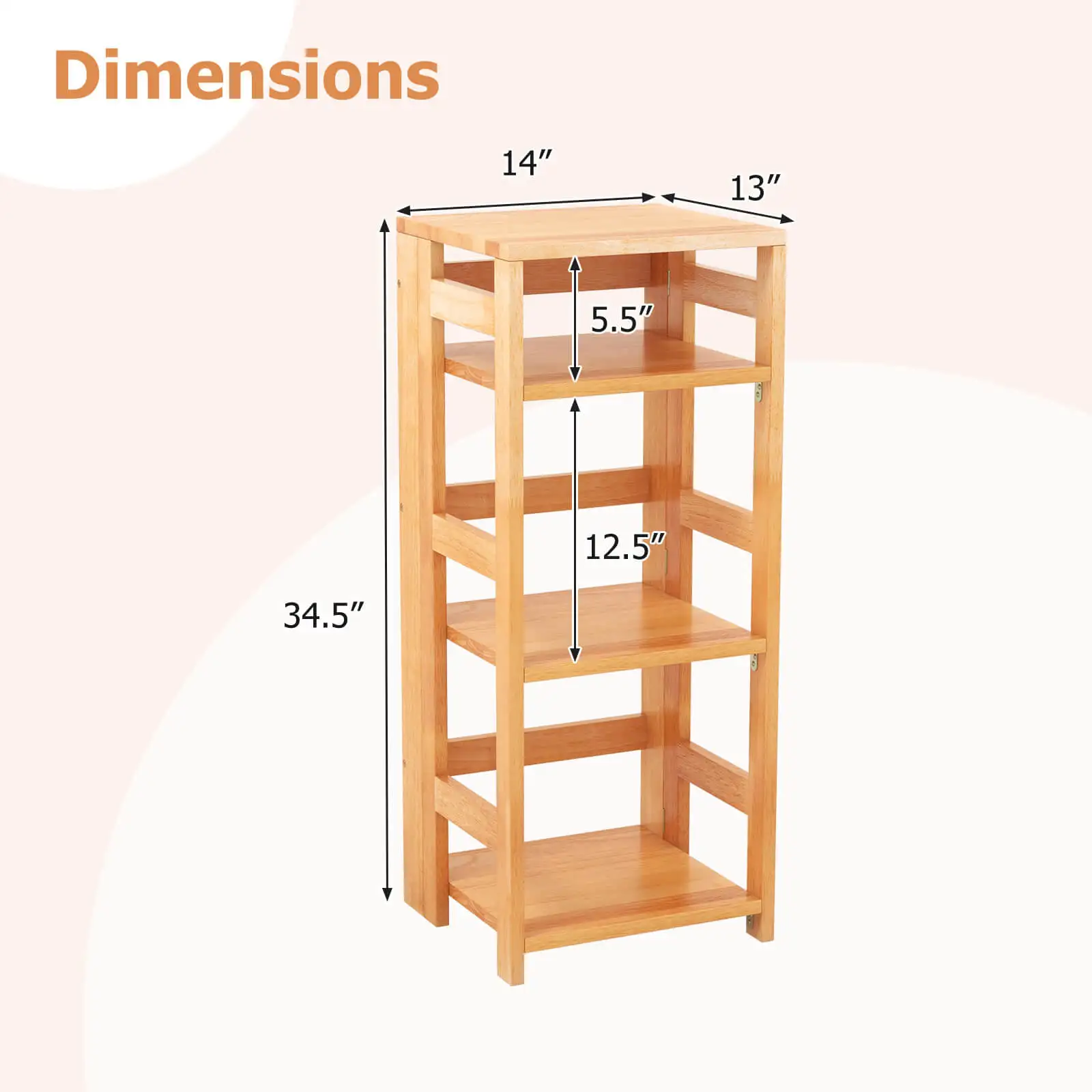 4-Tier Bookshelf Floor Storage Shelf w/ Rubber Wood Frame Anti-Toppling Kits