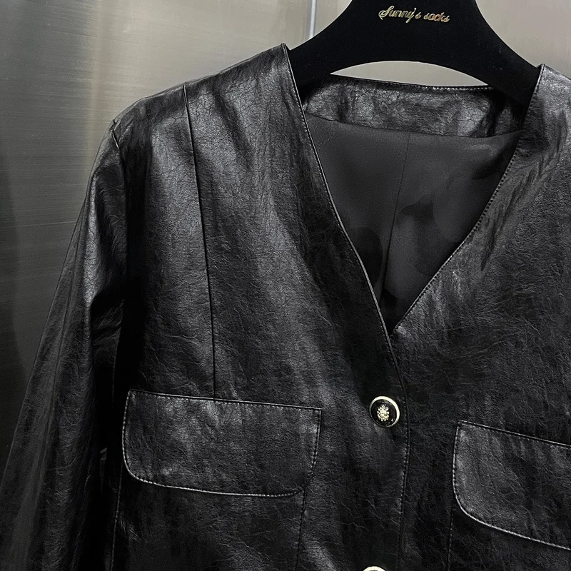 2024 outono nova motocicleta sle pu jaet ort casaco v-ne ele e legal feminino up faion retro couro jaet