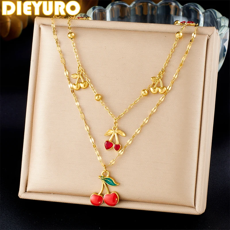 

DIEYURO 316L Stainless Red Cherry Rhinestones Double-layer Necklace For Womens New Fashion Trend Neck Chain Jewelry Party Gift