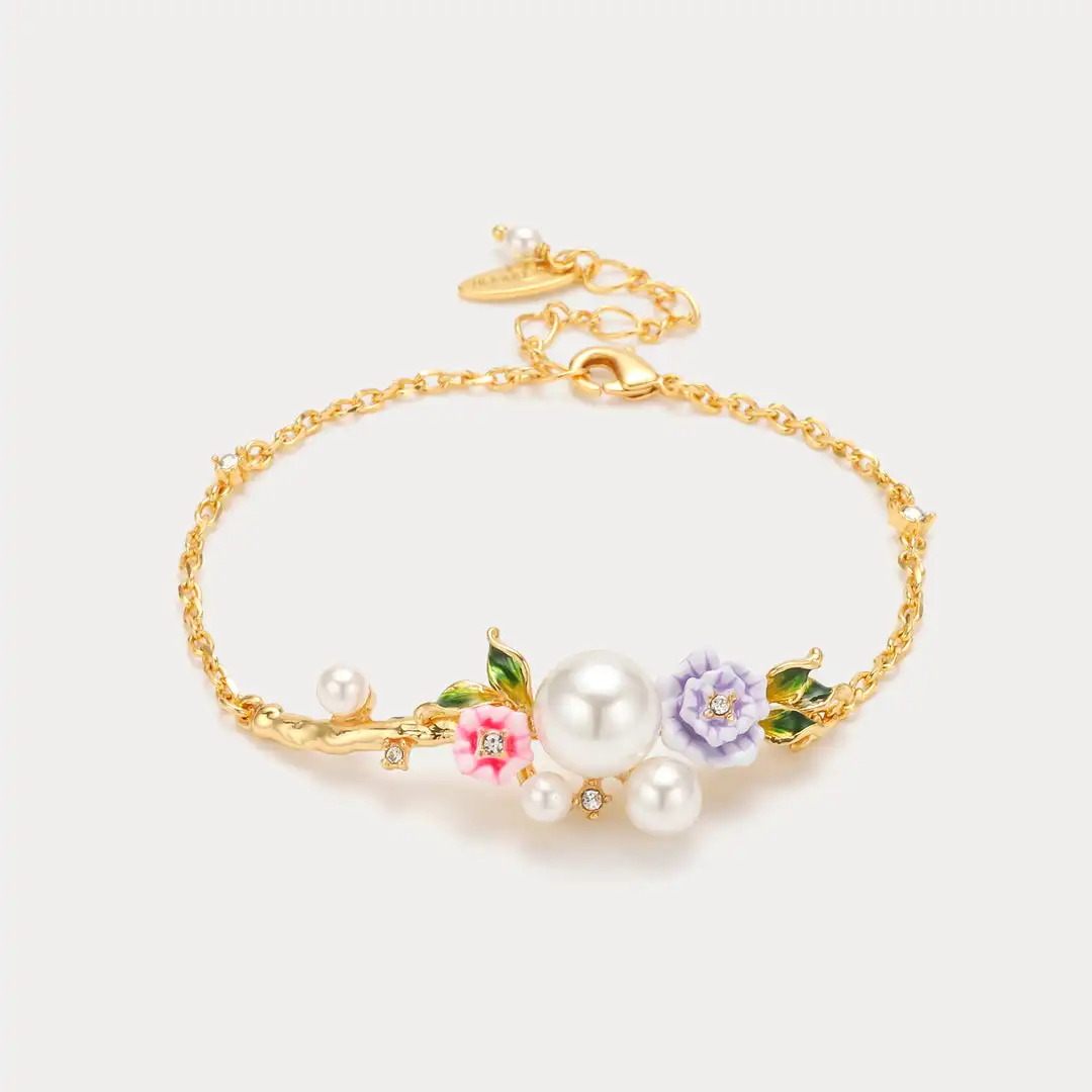 

Wild Rose Bracelet for Women Handmade Enamel Rose Folwer Bracelet Delicate Pearl Bracelet Anniversary Wedding Birthday Gifts