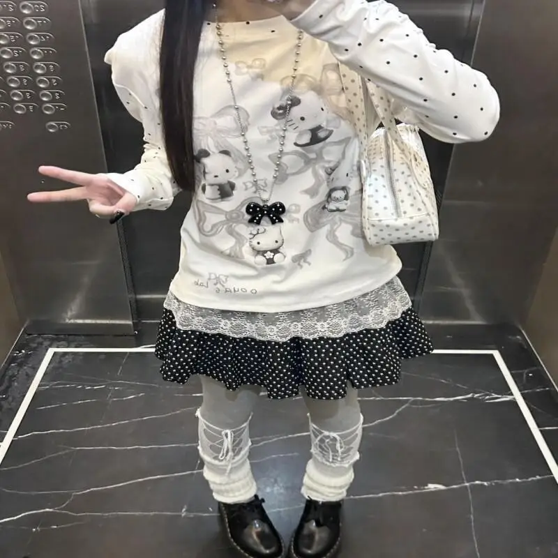 

Sanrio Hello Kitty Long Sleeve T Shirt Cotton Women Spring Autumn Fashion Custom Y2K Polka Dot Patchwork Raglan Sleeve Pullover