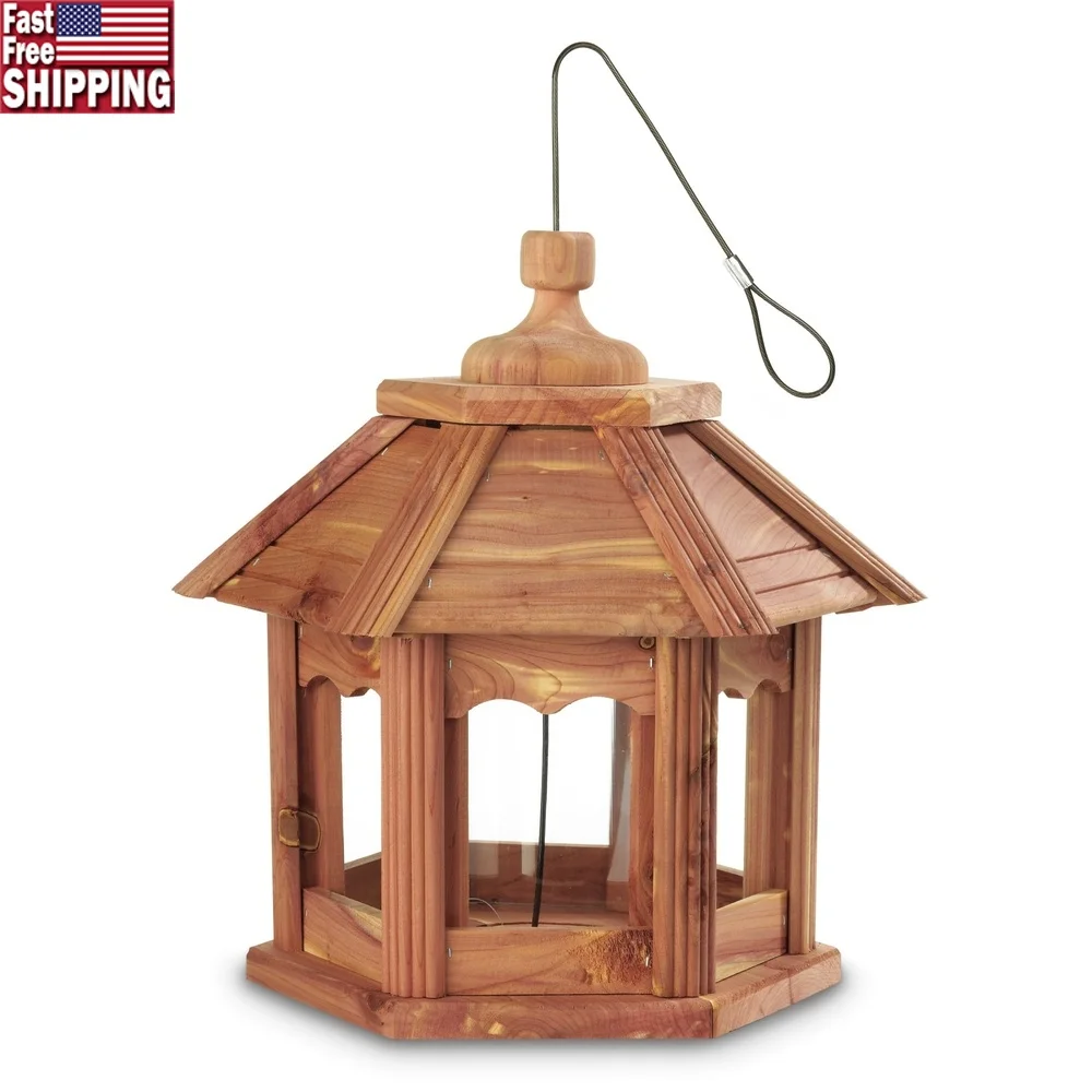 

Cedar Bird Feeder Weatherproof Hanging Station Chew Proof Cable Wild Bird Hopper Open Window Design Feeding Accessory