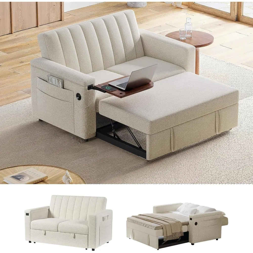 3 in 1 Convertible Sleeper Sofa Bed,Futon Couches for Living Room with USB Ports & Side Pockets,Pull Out Couch with Side Table