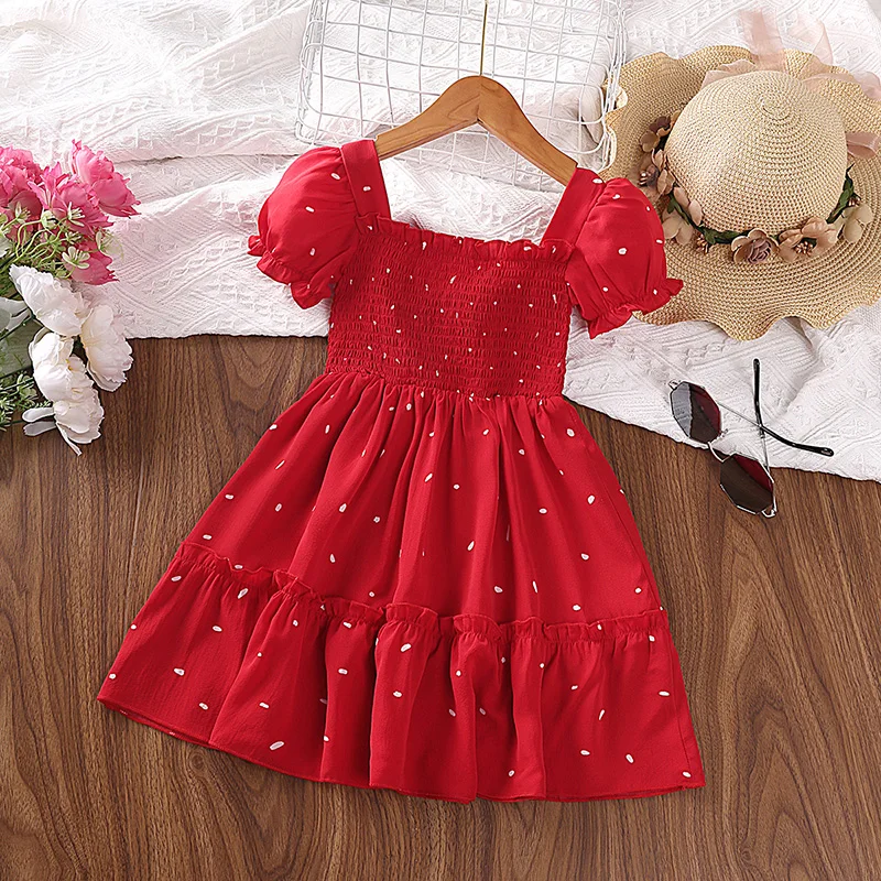 Dress Kids Girls 4-6 Years Baby Dopamine Color Dot Shirred-Bodice Puffy Sleeves Dress Casual Daily Summer Kids Princess Dress