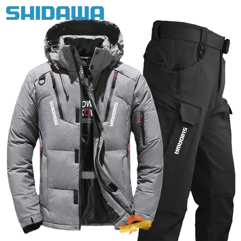 New Men Winter Thicken Warm Fishing Suits Outdoor Windproof Breathable Fishing Multi Pocket Hooded Down Jackets+waterproof Pants