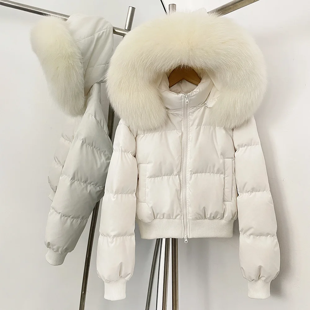 Chaqueta acolchada de invierno para mujer, chaqueta acolchada grande con cuello de piel de zorro Real, Parkas cortas para mujer, abrigo grueso cálido 90% de plumón de pato suelto