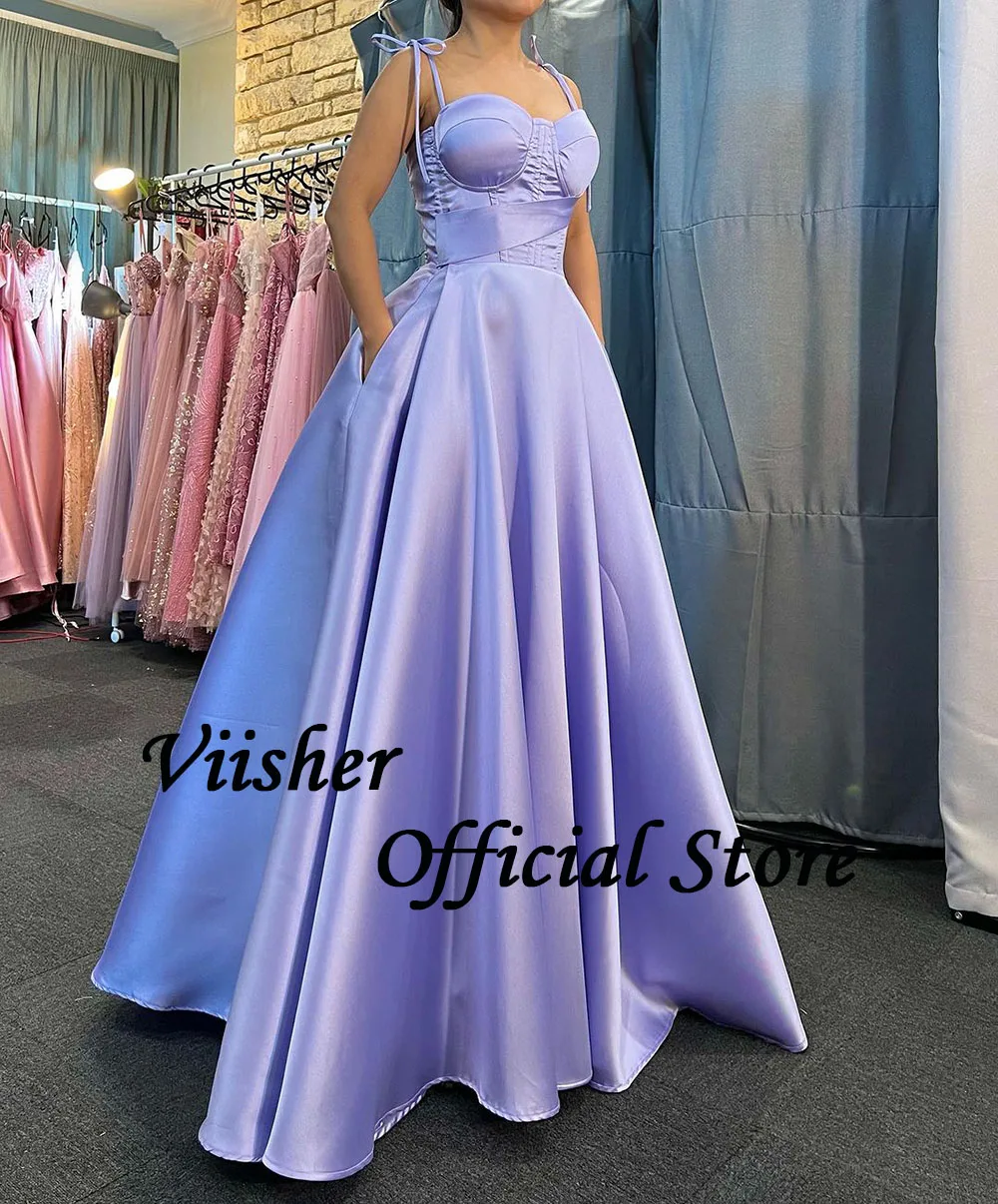 Viisher gaun pesta Prom Satin Lavender, Gaun malam Formal tali Spaghetti