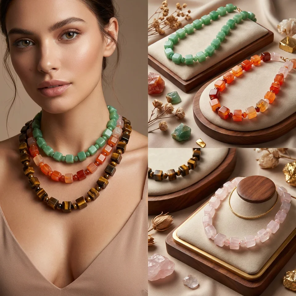 Natural Stone Heart Shape Bead Necklace, Handmade Faceted Gemstone Beaded Necklace for Women
