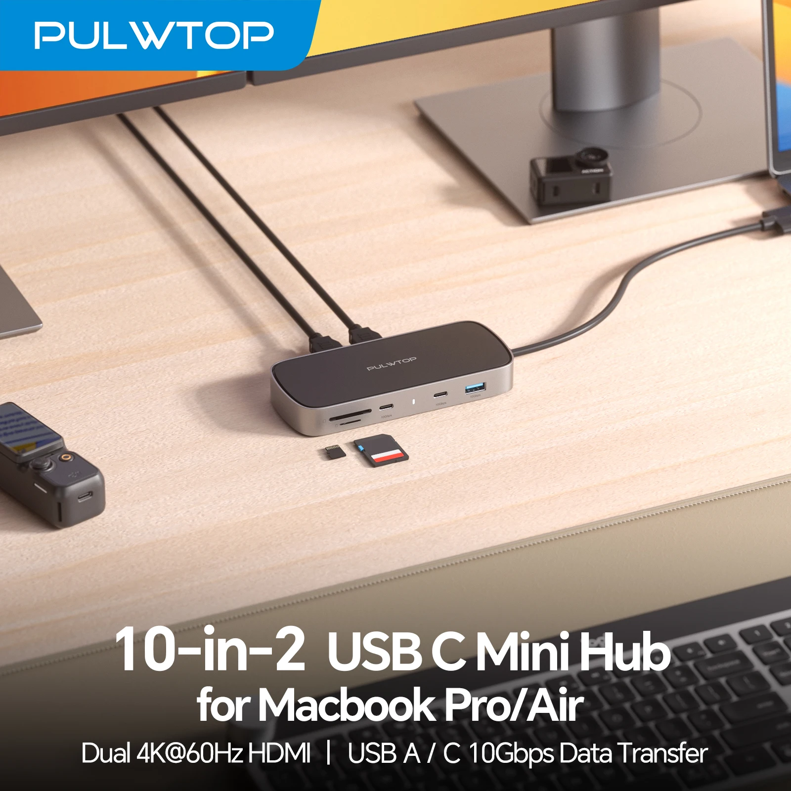 PULWTOP MacBook Pro Docking Station Dual Monitor 4K@60Hz, Macbook Pro Dock with 2HDMI,PD,Ethernet,USB A/C 10Gbps,SD/TF, USB 2.0