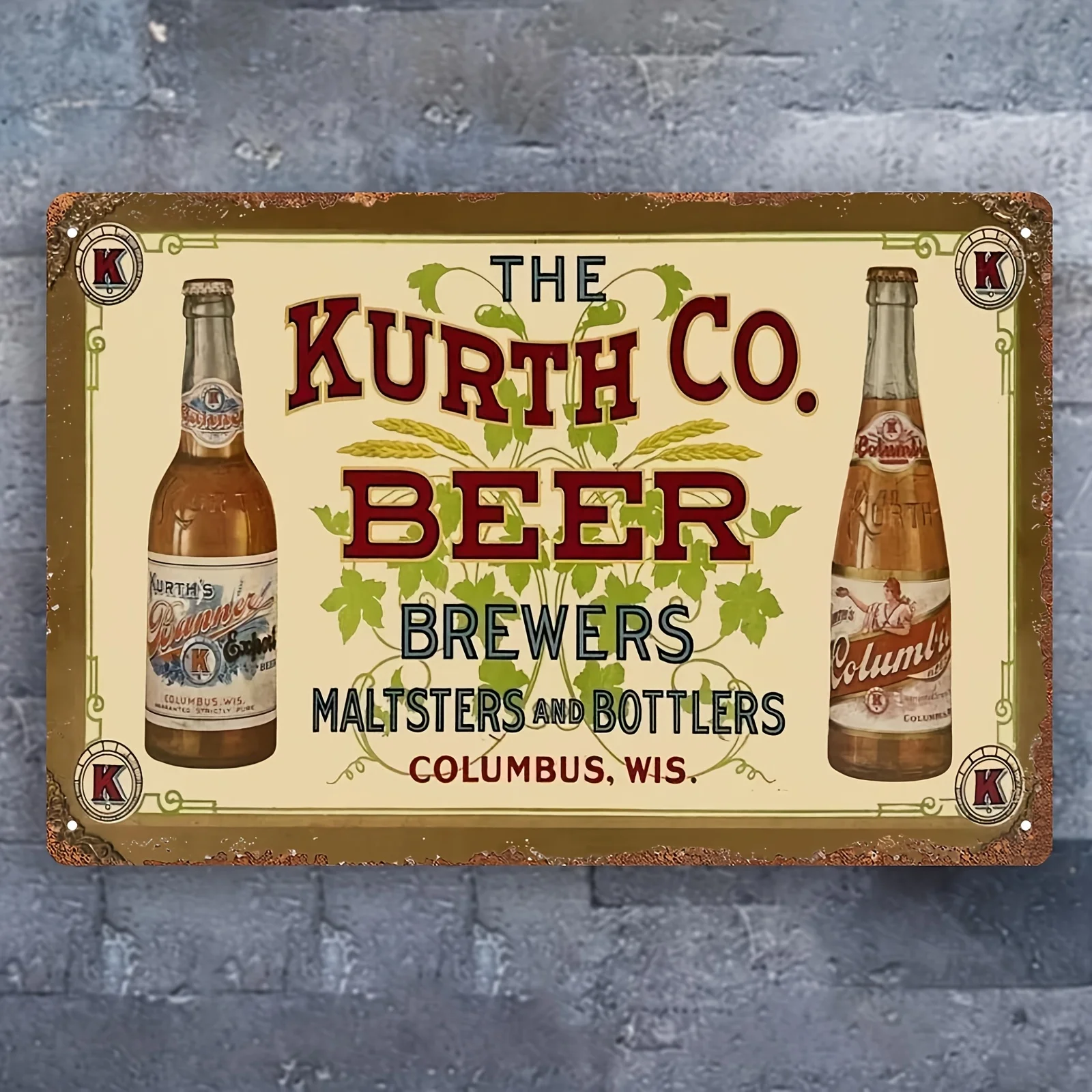 Vintage Kurth Brewing Co. Tin Sign - Columbus, Ohio Beer Decor,  Metal Wall Art, Retro Kurth's Brewers Design, Rustic Home Bar