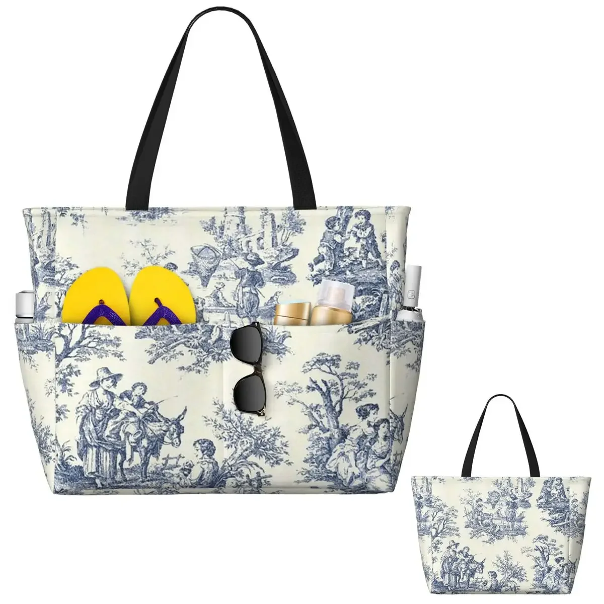 Powder Blue French Toile Picnic Design Beach Tote Bag Sport Gym Yoga Duffle Large Tote Bag Women Travel Bag Fitness bag